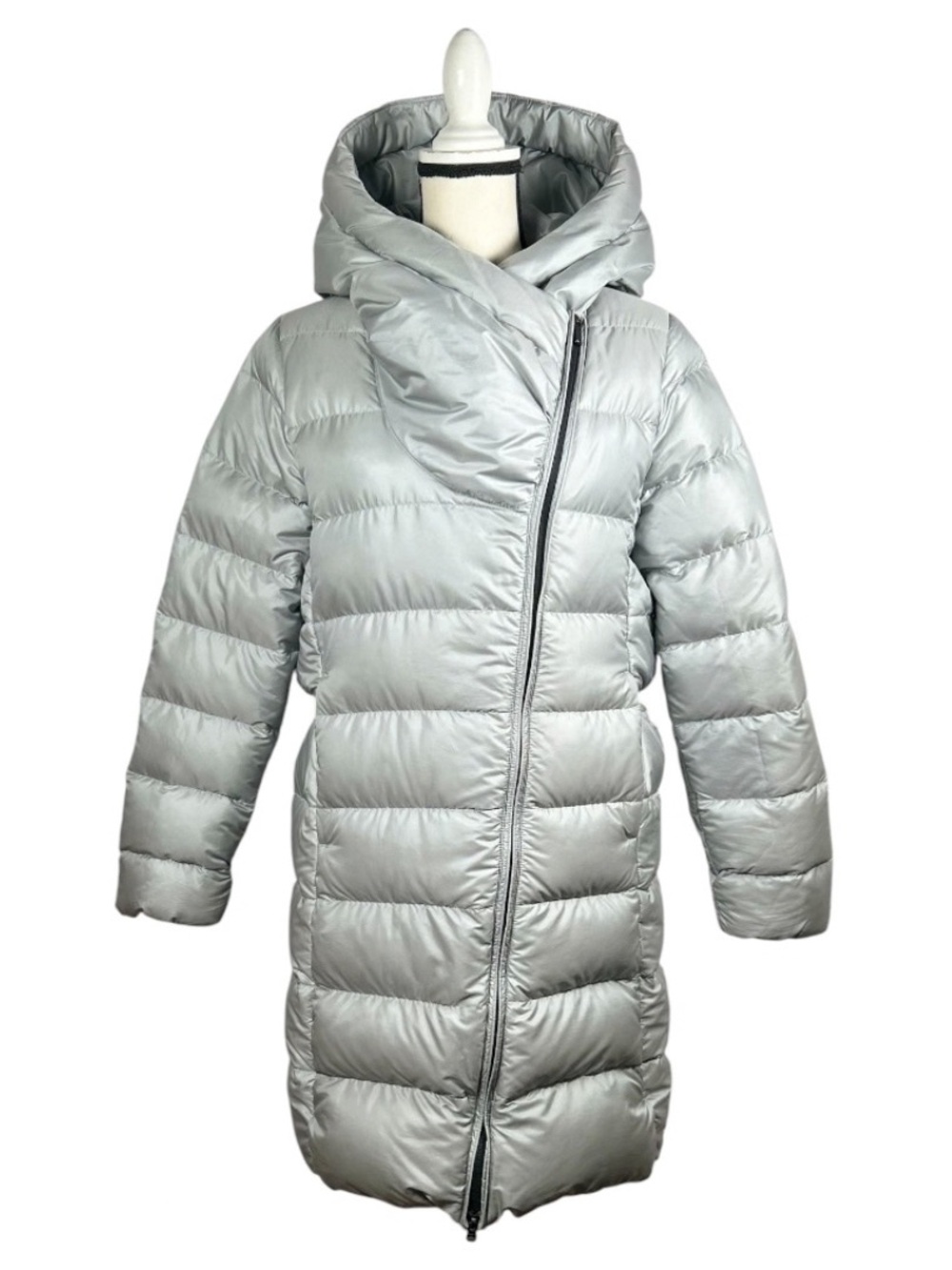 Nike Sportswear Women’s Silver Asymmetrical  Down Fill Hooded Puffer Coat Sz M